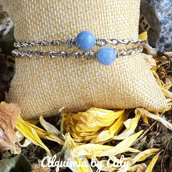 Silver and aquamarine bangles bracelet stack - Picture 1 of 2